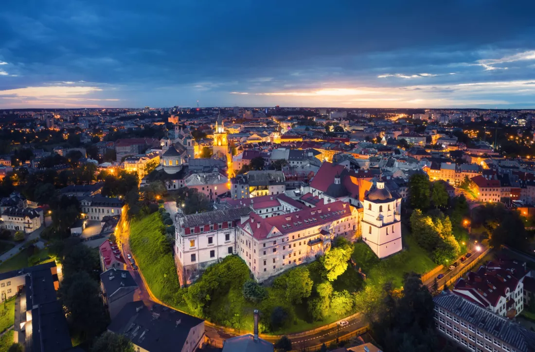 Aerial view of the Old Town in Lublin at dusk