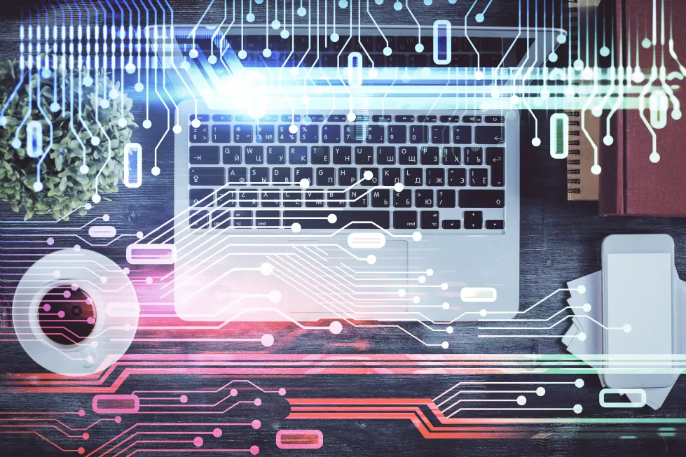 multi-exposure-data-theme-drawing-hologram-topview-work-desk-background-with-computer-concept-technology