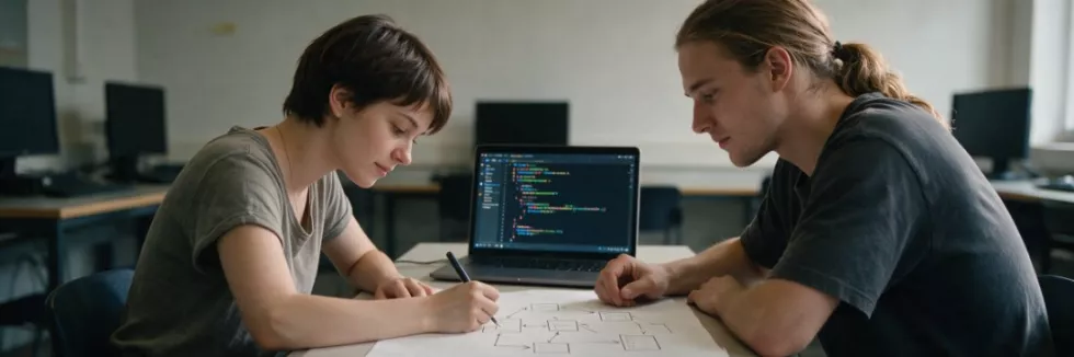 students-sketching-a-database-design-next-to-a-laptop