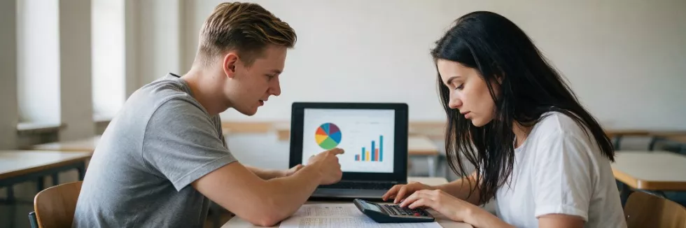 finance-students-analysing-charts-with-calculator-test