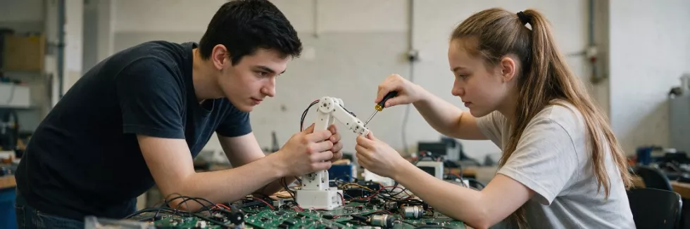 students-assembling-a-small-white-robotic-arm-test