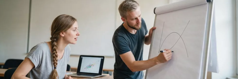 economics-students-drawing-supply-and-demand-curves-on-a-flipchart