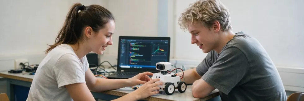 students-testing-a-small-white-robot-with-a-laptop-test