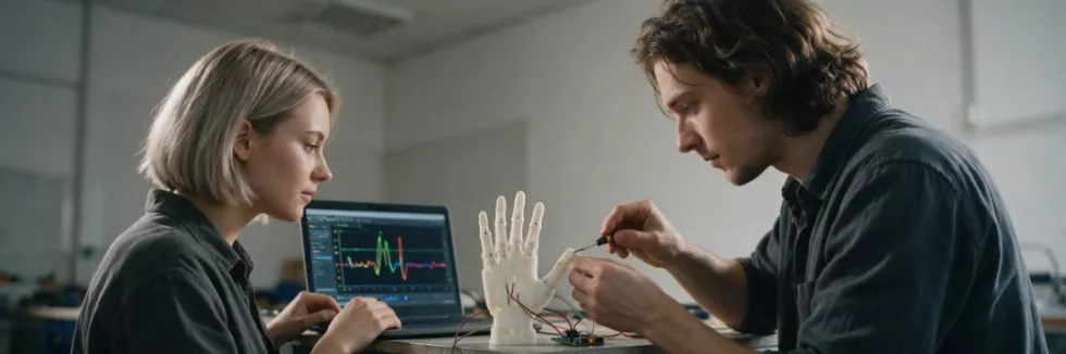 engineers-testing-a-3d-printed-prosthetic-hand-on-a-workbench