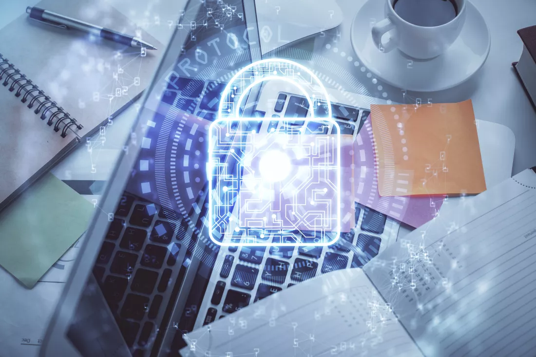 double-exposure-lock-hologram-drawing-study-table-background-with-computer-concept-data-security-top-view