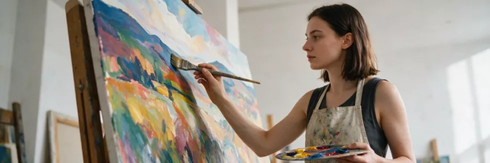 art-student-painting-a-colourful-canvas-at-an-easel