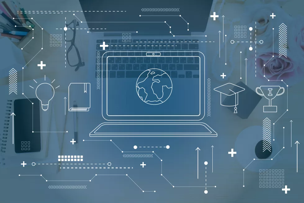 white-computer-icon-blue-background-cup-head-book-lightbulb-signs-laptop-table-second-layer-worldwide-education-concept