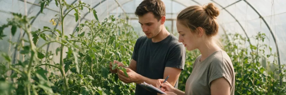 horticulture-students-examining-tomato-plants-in-polytunnel