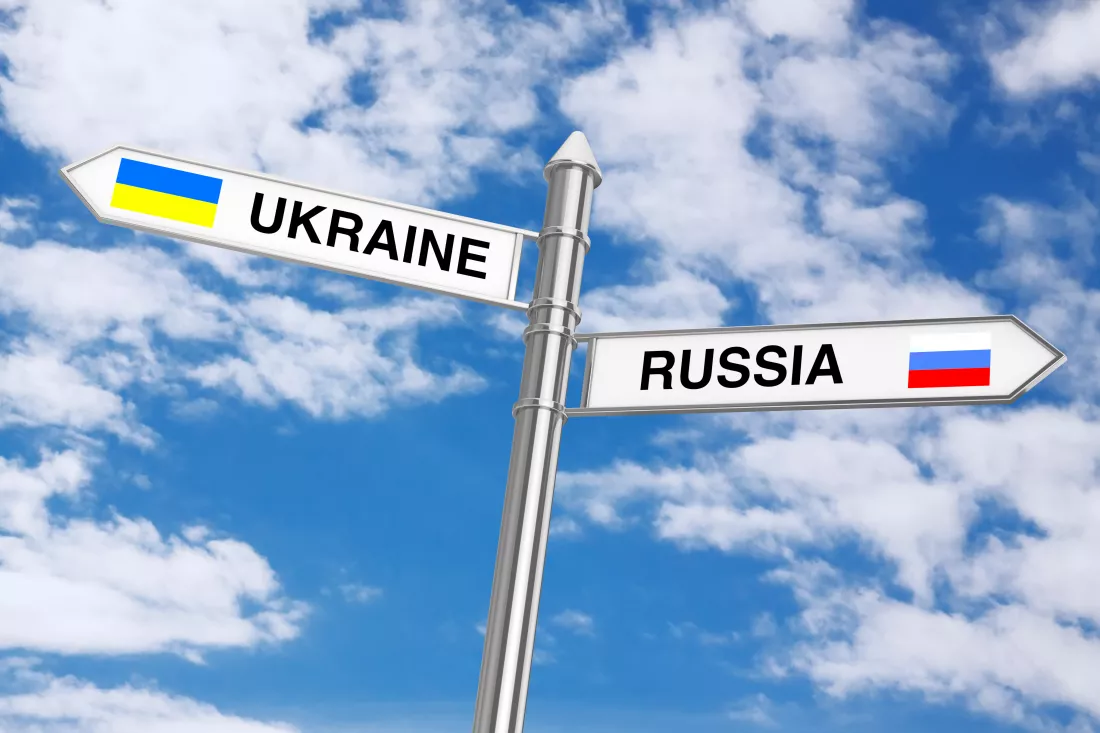 relations-russia-ukraine-as-signpost-blue-sky-background-3d-rendering