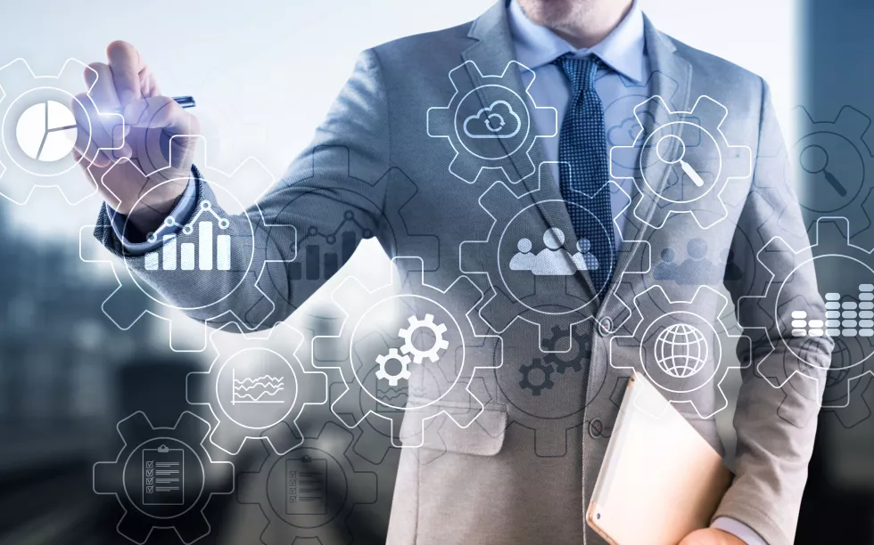 automation-business-technology-management-workflow-diagram-with-gears-icons-with-flowchart-background