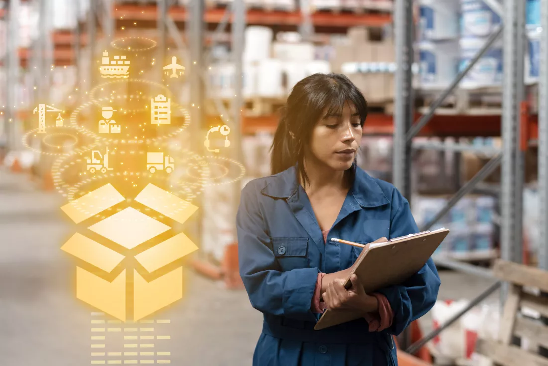 warehouse-woman-worker-writing-stocks-hologram-collage