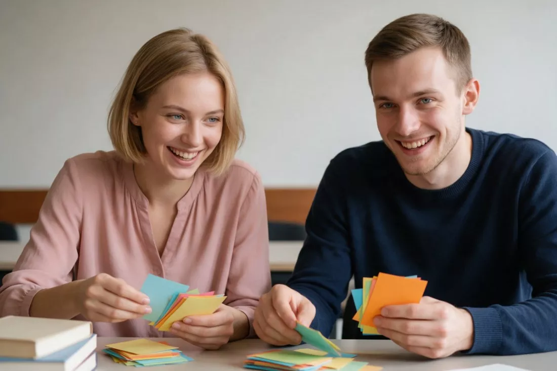 studenci-filologii-porzadkuja-kolorowe-fiszki-na-zajeciach